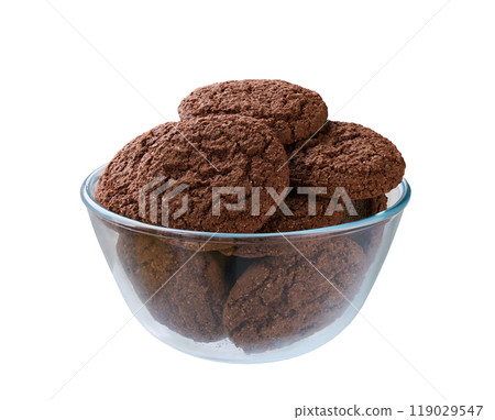 Chocolate brownie cookies with cracks in a clear glass bowl isolated on white background, full depth of field. 119029547