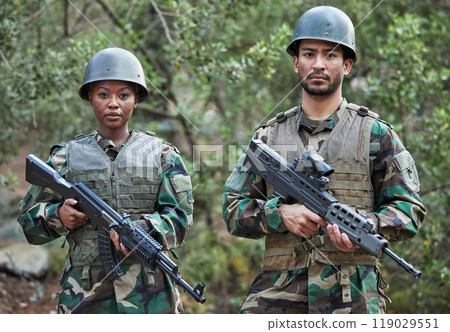 Gun, army portrait and people in forest training, outdoor shooting and military exercise, mission and jungle. Rifle, soldier teamwork and veteran man and woman in battlefield gear in woods or nature 119029551