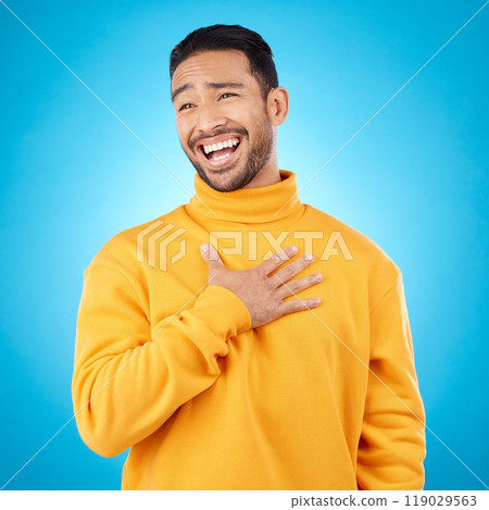 Young man, ego and pride in studio, with choice of me and comic laugh with trendy clothes by blue background. Funny gen z person, fashion model or happy student with smile after joke with self love Young man, ego and pride in studio, with choice of me and comic laugh with trendy clothes by blue background. Funny gen z person, fashion model or happy student with smile after joke with self love 119029563