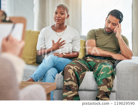 Divorce, therapy and couple on a couch, argument or stress with anxiety, fighting or relationship stress. Marriage problem, black woman or Asian man on a sofa, counselling or frustrated with conflict Divorce, therapy and couple on a couch, argument or stress with anxiety, fighting or relationship stress. Marriage problem, black woman or Asian man on a sofa, counselling or frustrated with conflict 119029590