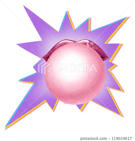 Pink sexy woman lips with lipgloss blowing a bubble of gum on purple comics background with dots shadow like soft blast.Old-school clip art in 80s, 90s style.Isolated illustration on white 119029617
