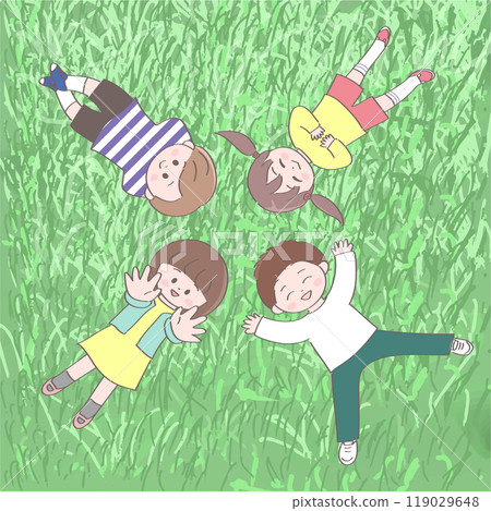 Illustration of four children lying on the grass with their heads together 119029648