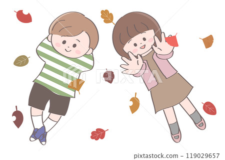 Illustration of children lying on fallen leaves Illustration of children lying on fallen leaves 119029657