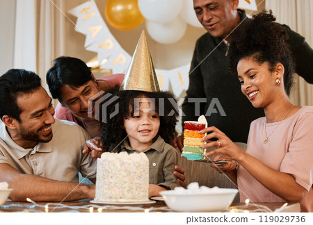 Father, mother and child with family, birthday cake, and party with celebration, care and bonding in house. Dad, mom and kid with grandparents, excited face and love together at event in apartment 119029736