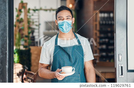 Barista, man and face mask portrait with coffee with hospitality and service in a small business. Restaurant, hot drink and cafe owner at door with latte and cappuccino of manager and entrepreneur 119029761
