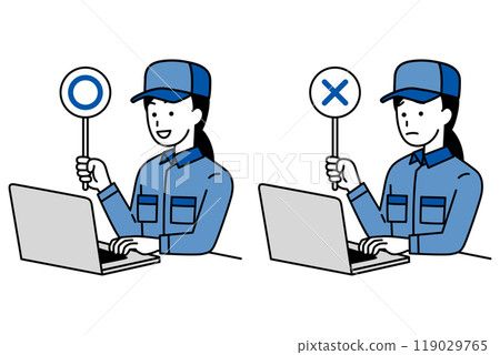 A woman in overalls working on a laptop raising a check mark 119029765