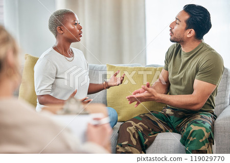 Couple on a couch, therapy and anger with divorce, screaming and relationship issue with psychologist. Counseling, Asian man or black woman on a sofa, interracial and shouting with anxiety and stress Couple on a couch, therapy and anger with divorce, screaming and relationship issue with psychologist. Counseling, Asian man or black woman on a sofa, interracial and shouting with anxiety and stress 119029770