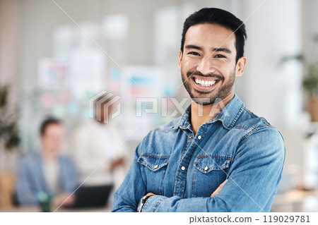Portrait, business and man with arms crossed, smile or success with a career, professional or confident. Face, male person or employee with office or advertising agent with happiness or goals Portrait, business and man with arms crossed, smile or success with a career, professional or confident. Face, male person or employee with office or advertising agent with happiness or goals 119029781
