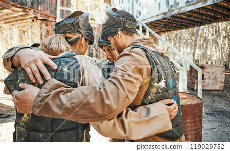 Paintball game, group huddle and team support, discussion and talk about training challenge, battlefield collaboration or survival. War mission, friends circle and people listening to battle tactics 119029782