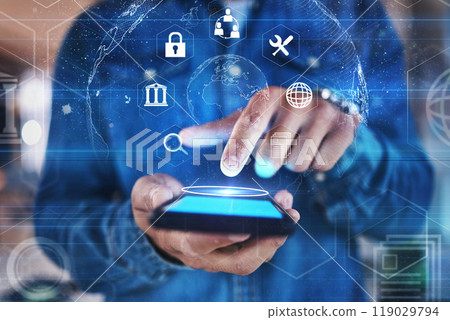Phone in hand, lock and cybersecurity overlay to show futuristic hologram, data safety or software developer with mobile app, technology and innovation. Ux, cyber security and future of fintech 119029794