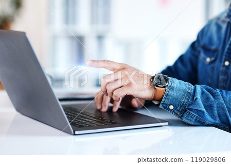 Laptop, schedule and hands of a planner working on a website, project or planning a strategy for a company. Search, internet and personal assistant typing or writing a report, email and in an office 119029806