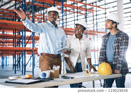 People, architect and tablet in meeting for construction, blueprint planning or team collaboration. Engineer group in teamwork discussion, floor plan or strategy for architecture project on site 119029836