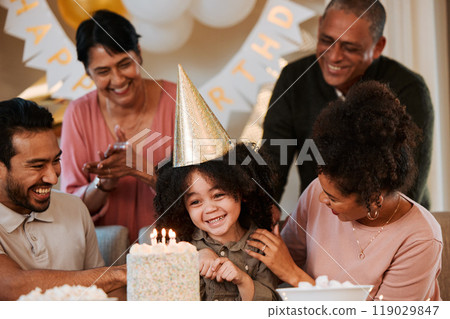 Birthday, happy and parents with cake for child in living room for party, celebration and social event. Family, surprise and excited kid with dessert, snacks and sweet treats with candles at home 119029847
