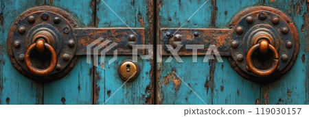A blue door with a brass handle and a keyhole 119030157