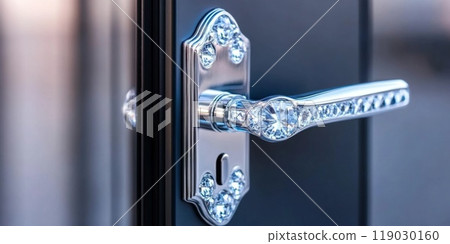 Door handle , door open in front of blur interior room background 119030160