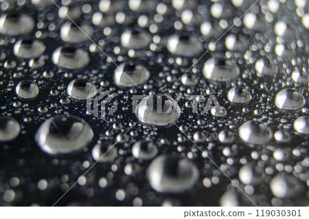 Side view of raindrops forming patterns on a smooth surface. Fresh rain texture 119030301