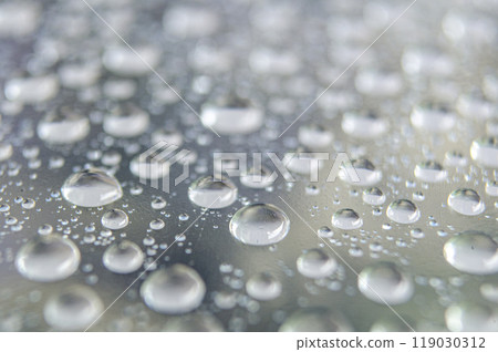 Side angle of clear raindrops on a transparent surface. Rain reflections theme 119030312