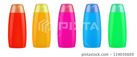 Set of different colored plastic bottles for shampoo. Isolated on white background. Set of different colored plastic bottles for shampoo. Isolated on white background. 119030889