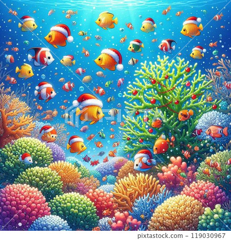 聖誕水下派對：戴著聖誕帽的熱帶魚和珊瑚礁 119030967
