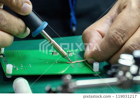 Close up scene the soldering operation by skill operator. 119031217