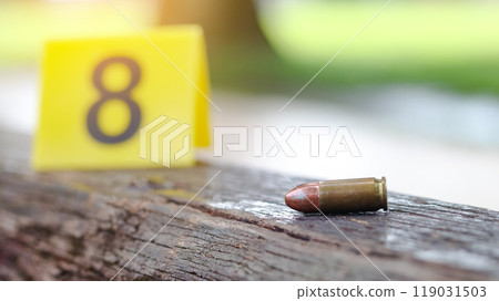 9 mm pistol bullet lying on dark wooden bench with blur number 8 sign on blur background. Concepts of criminal investigations and shooting sport. 9 mm pistol bullet lying on dark wooden bench with blur number 8 sign on blur background. Concepts of criminal investigations and shooting sport. 119031503