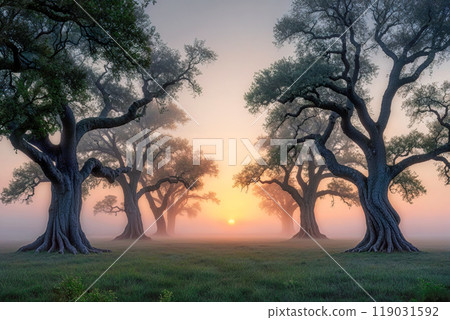 Beautiful, huge oak trees stand in a row in the sunrise lights.AI Generated 119031592