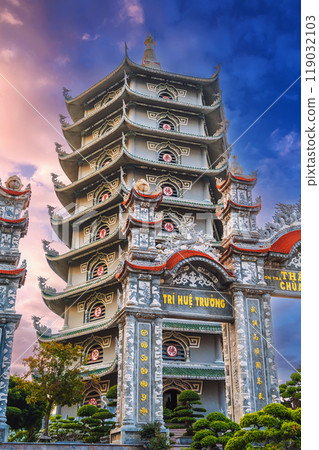 Buddhist tower of Thap Xa Loi Temple and gate at Linh Ung Pagoda in Da Nang in Vietnam in Asia 119032103