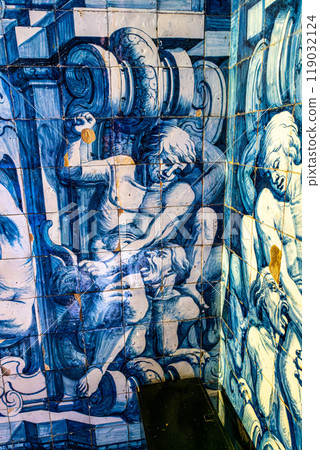 Peniche, Portugal - Mar 06, 2024: Interior and ceramic azulejos of Remedios chapel at Peniche, Portugal. 119032124