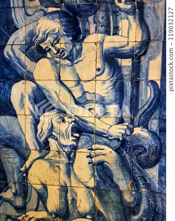 Peniche, Portugal - Mar 06, 2024: Interior and ceramic azulejos of Remedios chapel at Peniche, Portugal. Peniche, Portugal - Mar 06, 2024: Interior and ceramic azulejos of Remedios chapel at Peniche, Portugal. 119032127