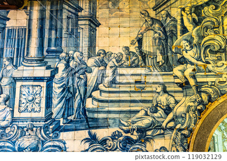 Peniche, Portugal - Mar 06, 2024: Interior and ceramic azulejos of Remedios chapel at Peniche, Portugal. Peniche, Portugal - Mar 06, 2024: Interior and ceramic azulejos of Remedios chapel at Peniche, Portugal. 119032129