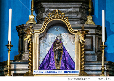 Peniche, Portugal - Mar 06, 2024: Interior and ceramic azulejos of Remedios chapel at Peniche, Portugal. Peniche, Portugal - Mar 06, 2024: Interior and ceramic azulejos of Remedios chapel at Peniche, Portugal. 119032130