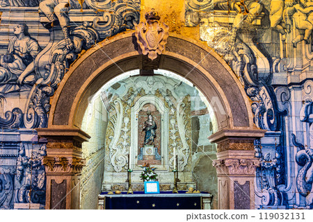 Peniche, Portugal - Mar 06, 2024: Interior and ceramic azulejos of Remedios chapel at Peniche, Portugal. Peniche, Portugal - Mar 06, 2024: Interior and ceramic azulejos of Remedios chapel at Peniche, Portugal. 119032131