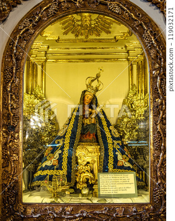 Nazare, Portugal - Mar 08, 2024: Interior and azulejo tiling in Santuario de Nossa Senhora da Nazare in Portugal 119032171