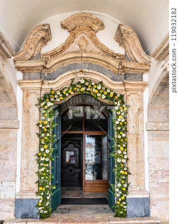 Nazare, Portugal - Mar 08, 2024: Interior and azulejo tiling in Santuario de Nossa Senhora da Nazare in Portugal Nazare, Portugal - Mar 08, 2024: Interior and azulejo tiling in Santuario de Nossa Senhora da Nazare in Portugal 119032182