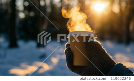 冬天風景和手拿著咖啡杯 119032246