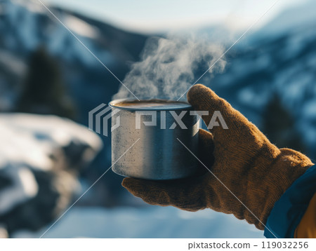 冬天風景和手拿著咖啡杯 119032256