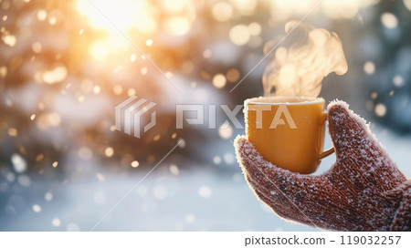 冬天風景和手拿著咖啡杯 冬天風景和手拿著咖啡杯 119032257