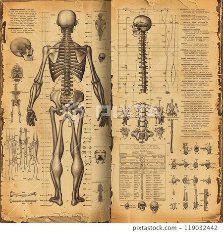 Vintage anatomical illustration showcasing a detailed human skeleton, highlighting bones and spinal structure, from an old medical textbook Vintage anatomical illustration showcasing a detailed human skeleton, highlighting bones and spinal structure, from an old medical textbook 119032442