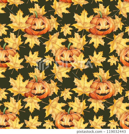Watercolor seamless pattern with Halloween pumpkins and autumn maple leaves. Great for your fabric design, wrapping paper, holiday party, festive textile, wallpaper 119032443