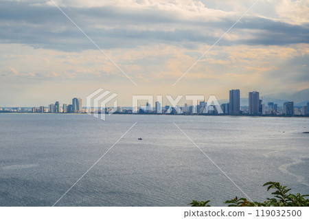 panoramic view of Da Nang city in Vietnam in summer in cloudy weather from above from drone panoramic view of Da Nang city in Vietnam in summer in cloudy weather from above from drone 119032500