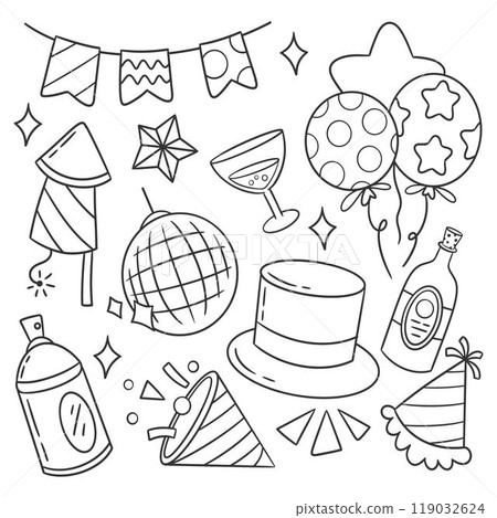 Hand drawn coloring new year party element collection Hand drawn coloring new year party element collection 119032624