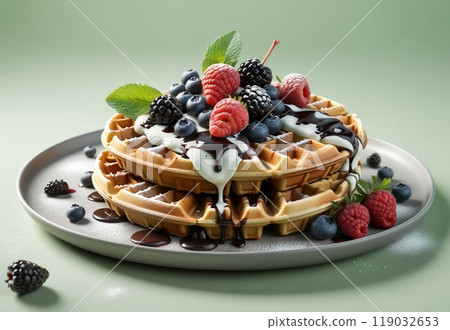 sweet Viennese waffles with berries and fruits, in a plate with a sprig of mint and powdered sugar sweet Viennese waffles with berries and fruits, in a plate with a sprig of mint and powdered sugar 119032653