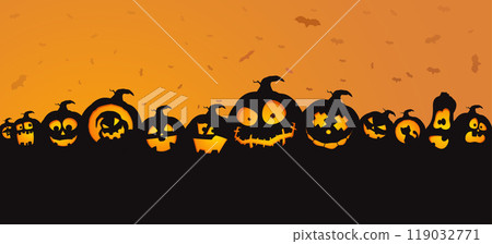 halloween various pumpkins at sunset with bats halloween various pumpkins at sunset with bats 119032771