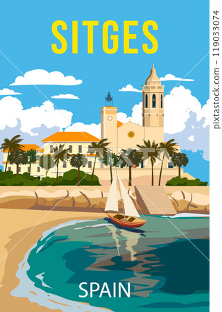 Travel poster Sitges Spain , tropical resort bay view 119033074