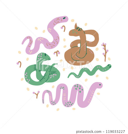 Chinese New Year snake circle emblem. Snakes round badge. Vector hand drawn flat illustration isolated on white background. 119033227