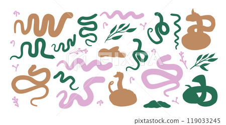 Set of snakes silhouette. Reptiles clip art. Vector hand drawn collection illustration isolated on white background. 119033245