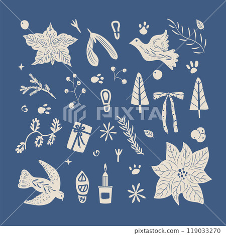 Monochrome winter festive poster. Christmas-themed poinsettias, doves, candles, gifts and frames. Vector hand drawn flat collection illustration isolated on blue background. 119033270