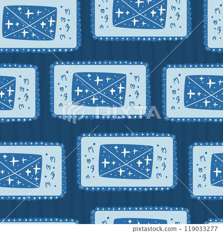 Letter envelope seamless pattern. Frame or stamps holiday endless background. Surface pattern design winter holidays motif. Vector hand drawn illustration. Letter envelope seamless pattern. Frame or stamps holiday endless background. Surface pattern design winter holidays motif. Vector hand drawn illustration. 119033277