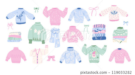 Festive Winter Clothing. Sweaters and stacks of knitwear, bows and scarfs. Vector hand drawn flat collection illustration isolated on white background. 119033282