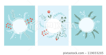 Winter templates set with circular frames decorated with botanical elements and berries on a light blue background. Vector hand drawn flat collection illustration. Winter templates set with circular frames decorated with botanical elements and berries on a light blue background. Vector hand drawn flat collection illustration. 119033285